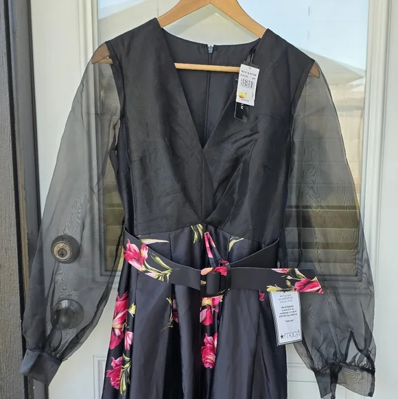 $289 Betsy & Adam Women Organza-Sleeve Floral Belted Gown Sz 4 Old Money - Picture 5 of 16